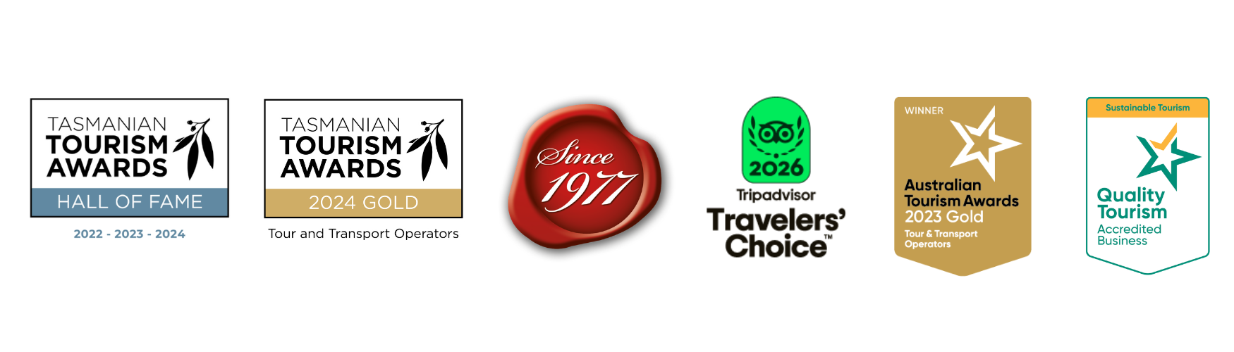 Tasmanian Tourism Awards Hall of Fame, Tasmanian Tourism Awards 2024 Gold Tour and Transport Operators, operating since 1977, Tripadvisor Travelers' Choice 2026, Australian Tourism Awards 2023 Gold Tour and Transport Operators, and Sustainable Tourism Accredited Business